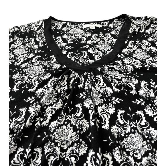 ANNE KLEIN CAP SLV, V-NECK, PULL-OVER BLOUSE, WOMENS, M-BLACK/WHITE ABSTR, TULLE - Picture 2 of 12